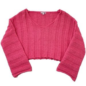 Hot Pink Wide Ribbed Knit Bell Sleeve Cropped Sweater